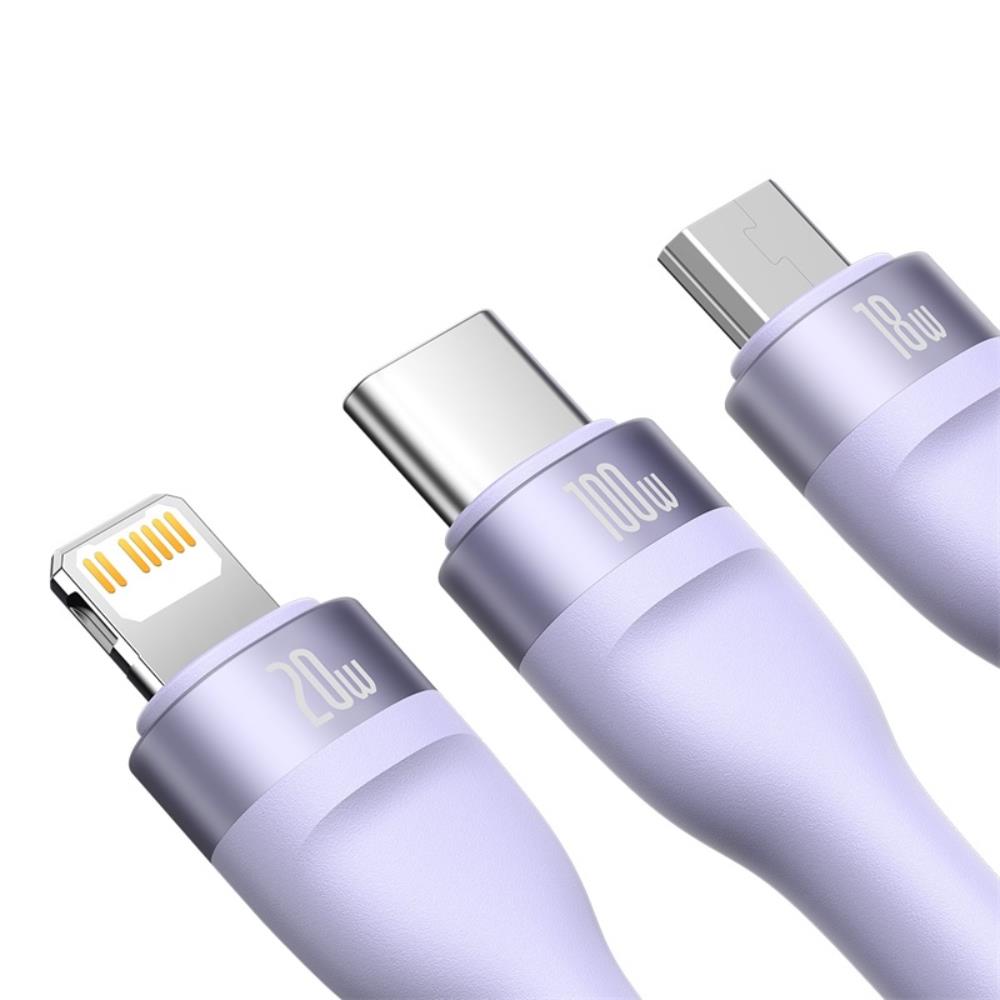 Baseus kabel 3w1 Flash II PD USB-C - micro USB + Lightning + USB-C 1,5m 3,5A fioletowy 100W / 2