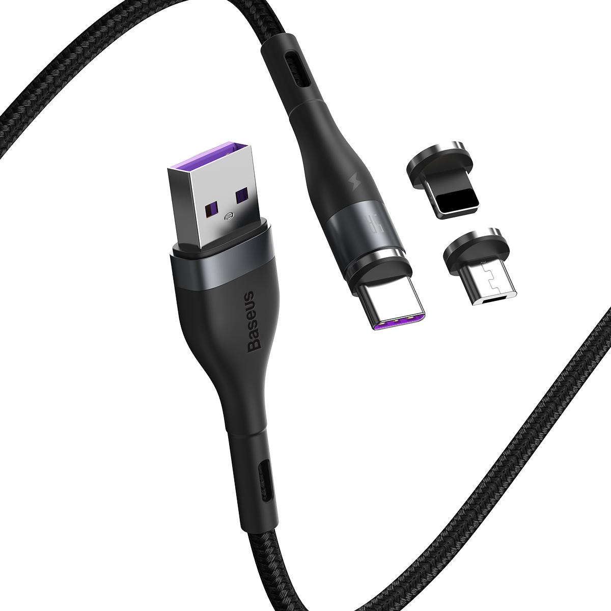 Baseus kabel magnetyczny 3w1 Zinc USB - Lightning + USB-C + microUSB 5A 1,0 m szaro-czarny / 6