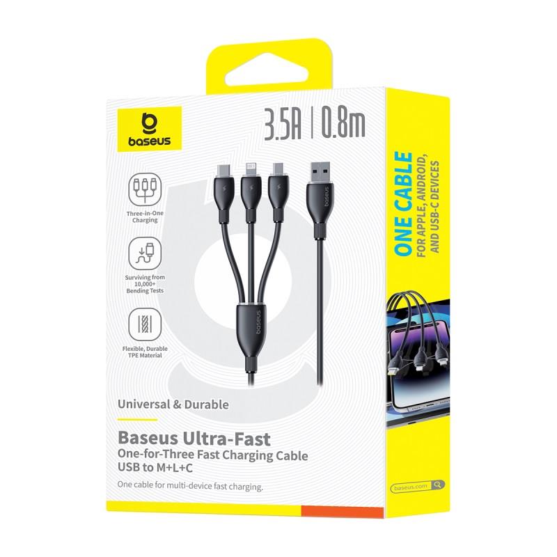 Baseus Kabel ultra-szybkiego adowania One-for-Three USB-A do M+L+C 3.5A 0.8m Czarny / 6