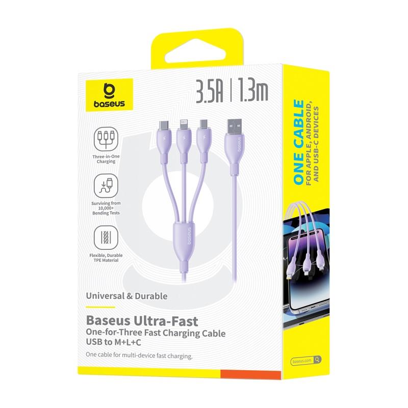 Baseus Kabel ultra-szybkiego adowania One-for-Three USB-A do M+L+C 3.5A 1.3m Fioletowy / 6