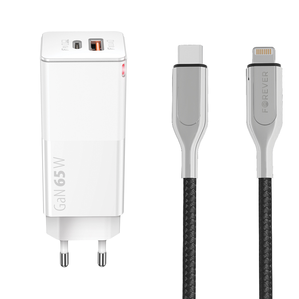 BOM adowarka sieciowa CORE GaN 65W + Forever Core kabel MFI PD Ultra Fast USB-C - Lightning