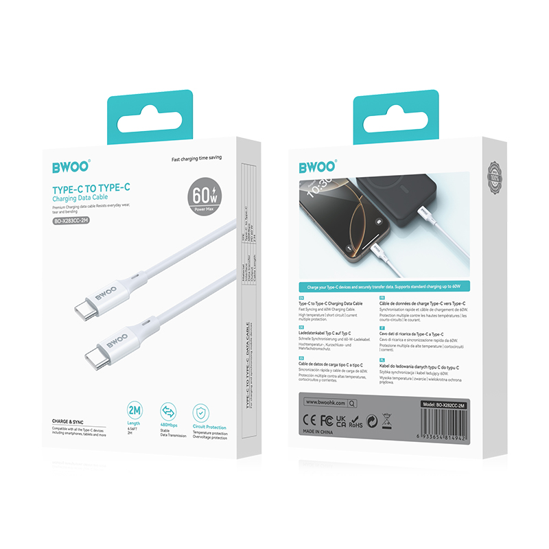 BWOO Kabel USB-C do USB-C 60W, TPE + ABS, 2 m / 4