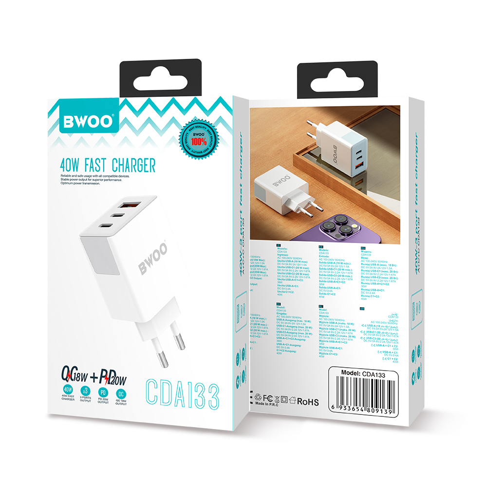 BWOO adowarka sieciowa CDA133 40W wall charger 2 x USB-C ,1 x USB-A / 6