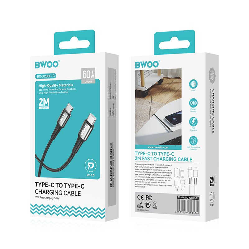 BWOO Pleciony kabel USB-C do USB-C 60W, 3 m / 4