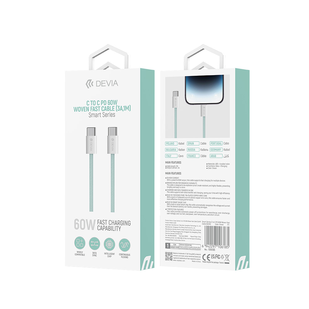 Devia kabel Smart EC325 PD USB-C - USB-C 1,0 m 60W 3A zielony / 2