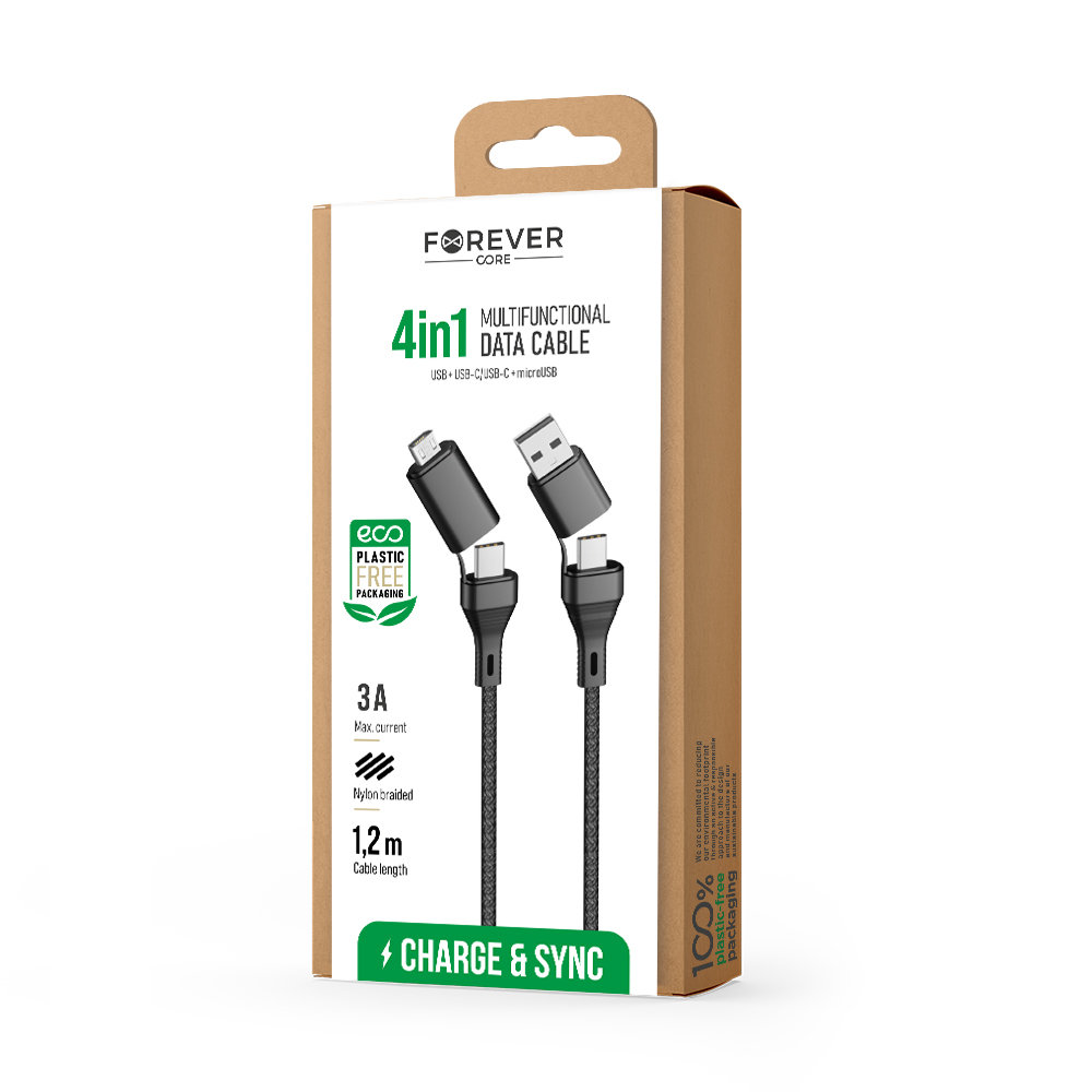 Forever CORE kabel 4w1 USB + USB-C - USB-C + microUSB 1,2 m 3A czarny / 2