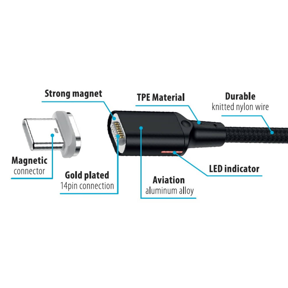 Forever Core kabel magnetyczny 3w1 USB - Lightning + USB-C + microUSB 1,0 m czarny 20W z przesyem danych / 2