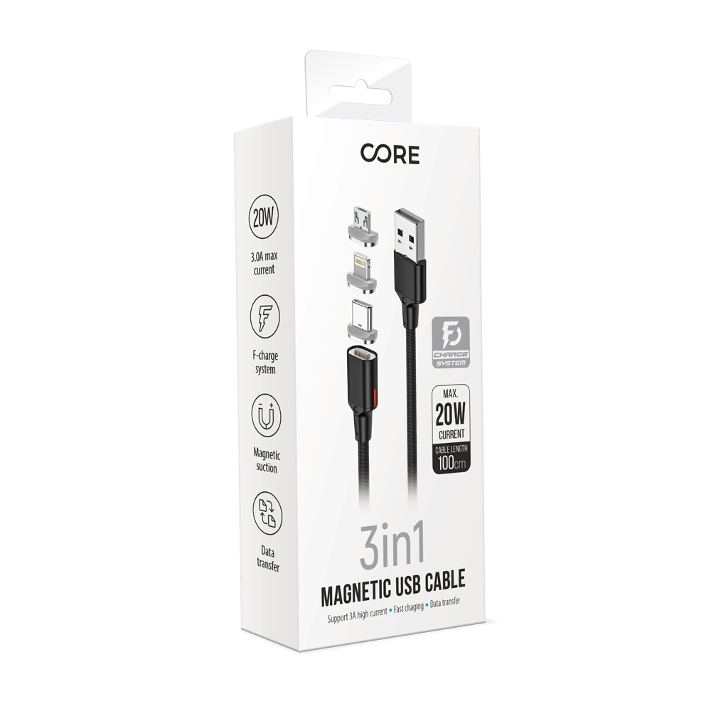 Forever Core kabel magnetyczny 3w1 USB - Lightning + USB-C + microUSB 1,0 m czarny 20W z przesyem danych / 3