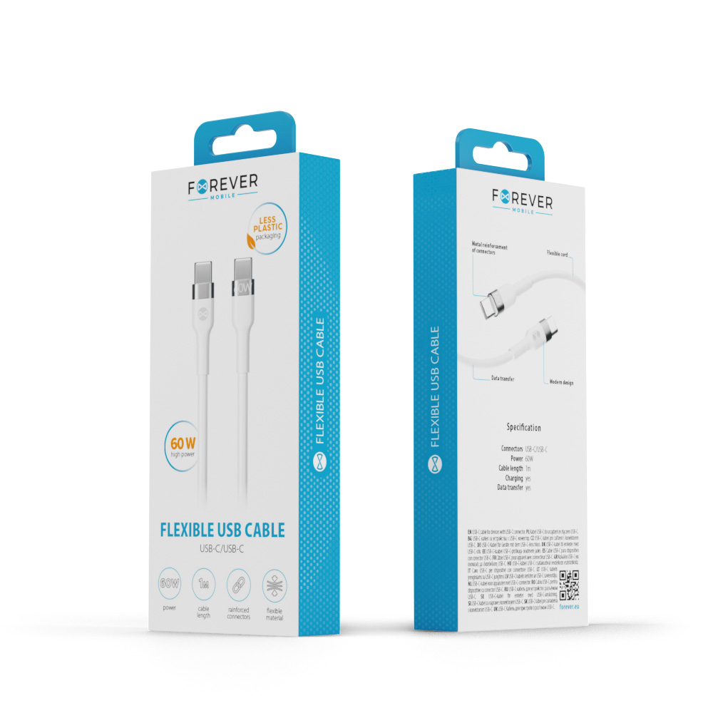 Forever kabel Flexible USB-C - USB-C 1,0 m 60W biay / 5