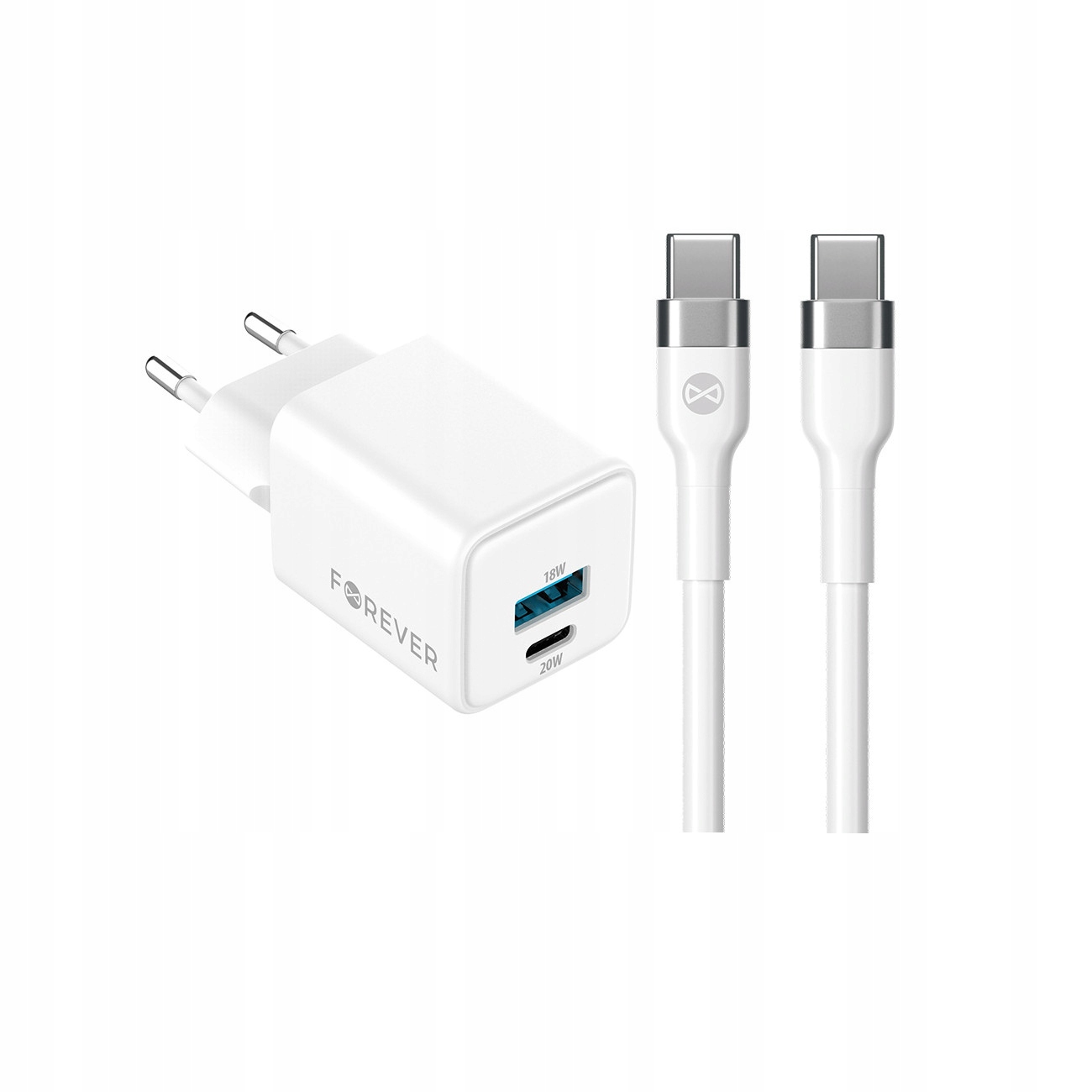 Szybka adowarka GaN 20W PD QC Forever kostka z kablem 1m USB-C do telefonu 2 wejcia biaa LG K7 (X210)