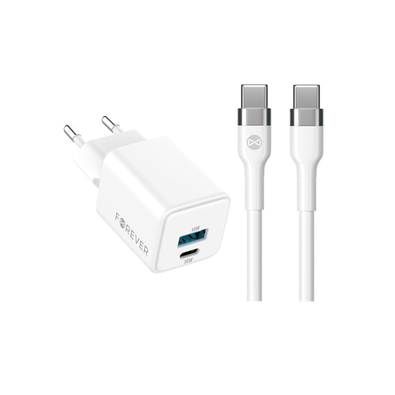 Szybka adowarka GaN 30W PD QC Forever kostka z kablem 1m USB-C do telefonu 2 wejcia biaa LG K7 (X210)