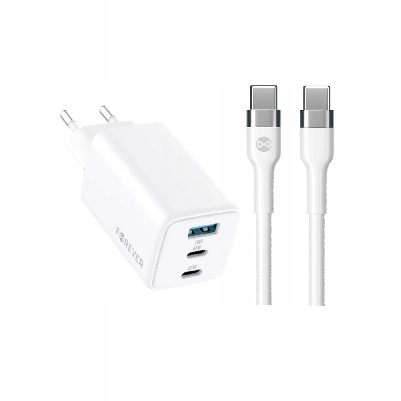 Szybka adowarka GaN 65W PD QC Forever kostka z dugim kablem 2m USB-C do telefonu 3 wejcia biaa OnePlus 7 Pro