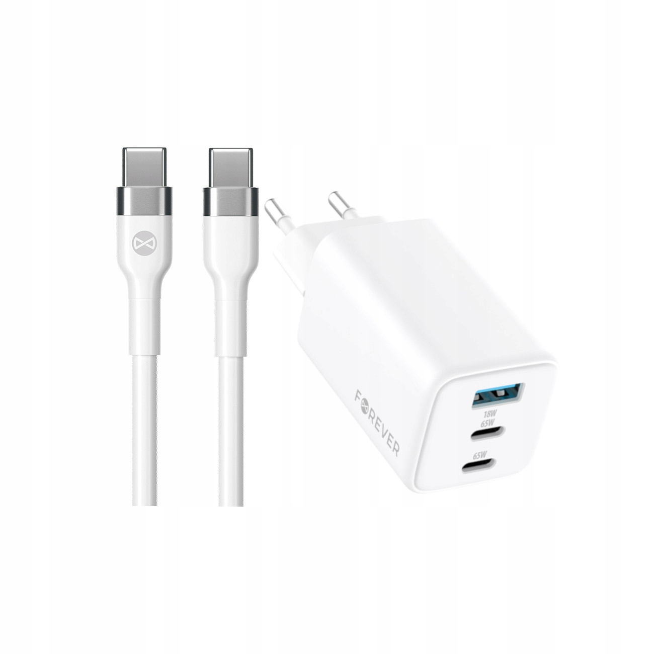 Szybka adowarka GaN 65W PD QC Forever kostka z dugim kablem 2m USB-C do telefonu 3 wejcia biaa OnePlus 7 Pro / 2