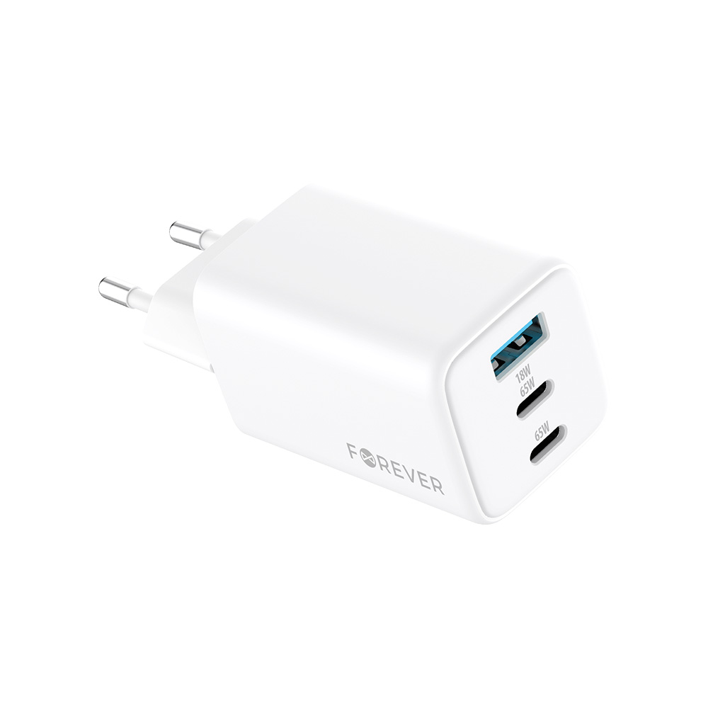 Szybka adowarka GaN 65W PD QC Forever kostka z dugim kablem 2m USB-C do telefonu 3 wejcia biaa OnePlus 7 Pro / 3