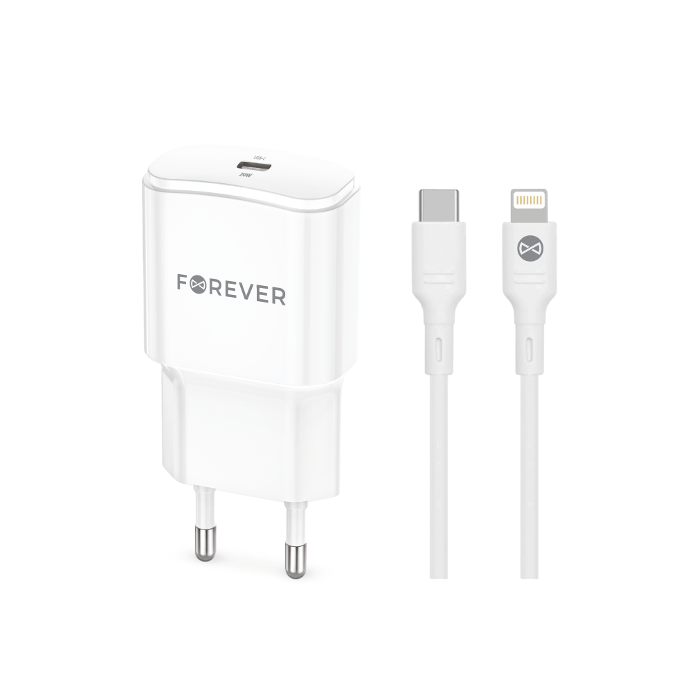 Forever adowarka sieciowa PD QC TC-01 1x USB-C 20W biaa + kabel USB-C - Lightning 20W