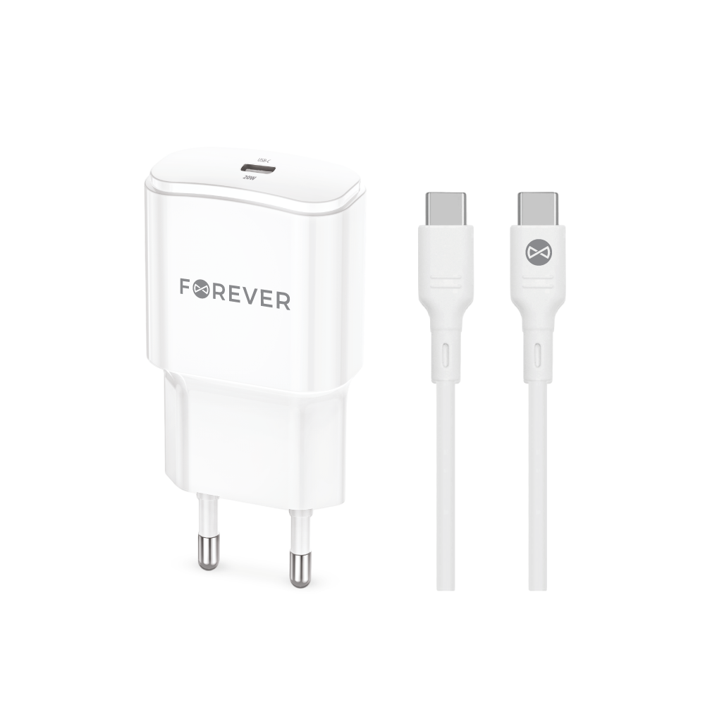 Forever adowarka sieciowa PD QC TC-01 1x USB-C 20W biaa + kabel USB-C - USB-C 20W