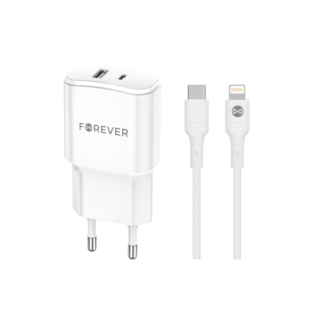 Forever adowarka sieciowa PD QC TC-01-20AC 1x USB-C 1x USB 20W biaa + kabel USB-C - Lightning 20W