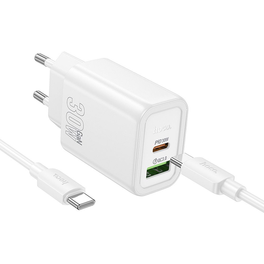 Szybka adowarka GaN 30W PD QC 3.0 AFC HOCO kostka z kablem USB-C do telefonu 2 wejcia biaa Oppo Reno 11F 5G