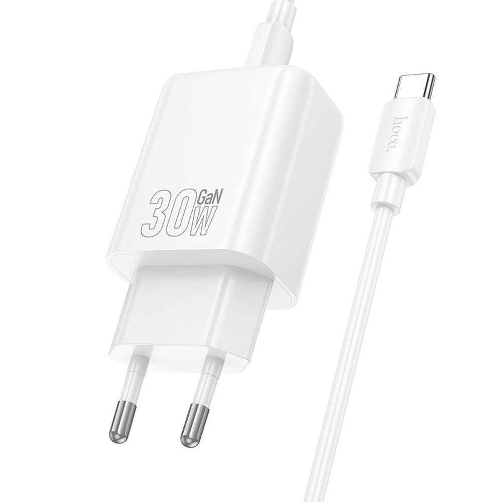 Szybka adowarka GaN 30W PD QC 3.0 AFC HOCO kostka z kablem USB-C do telefonu 2 wejcia biaa Oppo Reno 11F 5G / 2