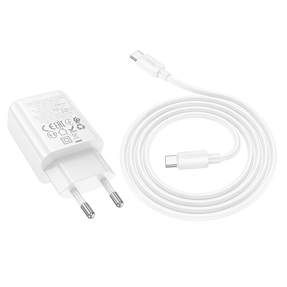 Szybka adowarka GaN 30W PD QC 3.0 AFC HOCO kostka z kablem USB-C do telefonu 2 wejcia biaa Oppo Reno 11F 5G / 3