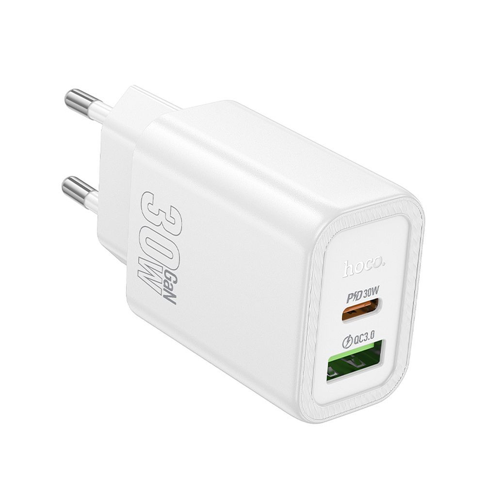 Szybka adowarka GaN 30W PD QC FCP HOCO z dugim kablem 2m USB-C do telefonu 2 wejcia biaa Poco F3 / 3