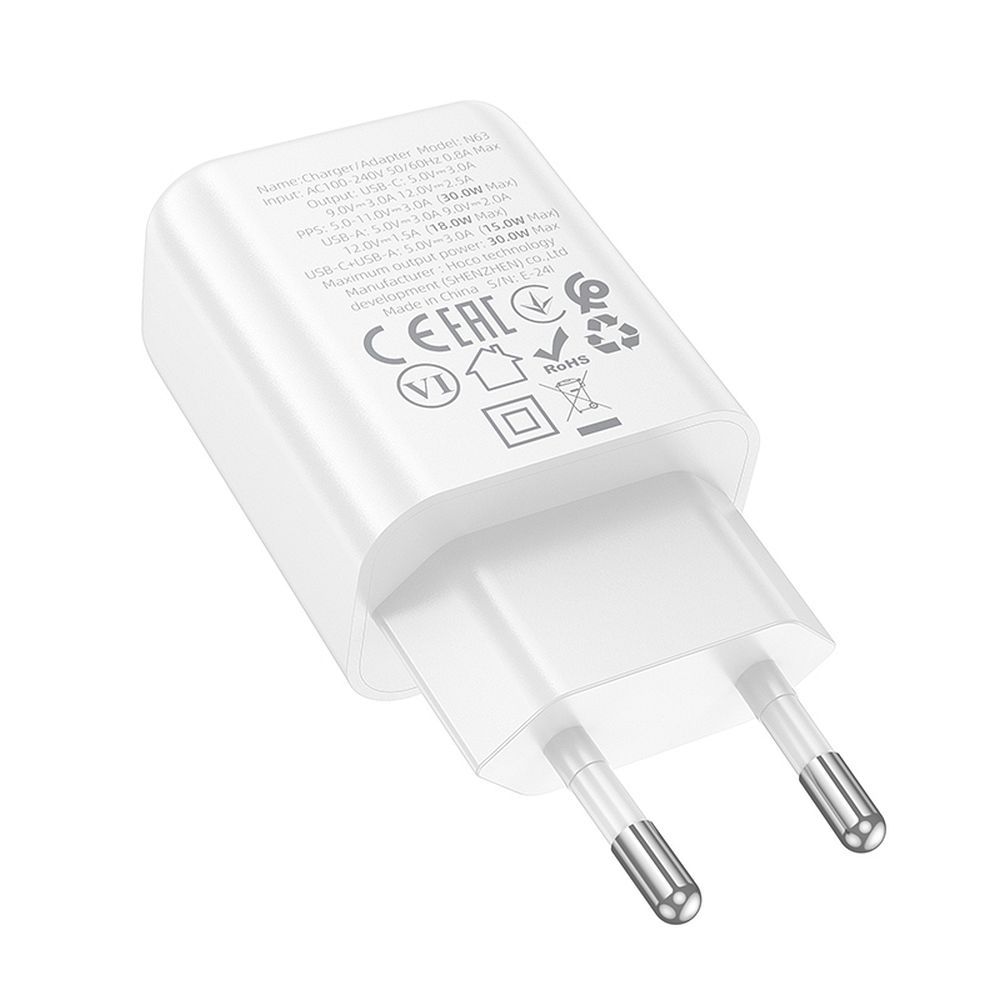 Szybka adowarka GaN 30W PD QC FCP HOCO z dugim kablem 2m USB-C do telefonu 2 wejcia biaa Poco F3 / 5