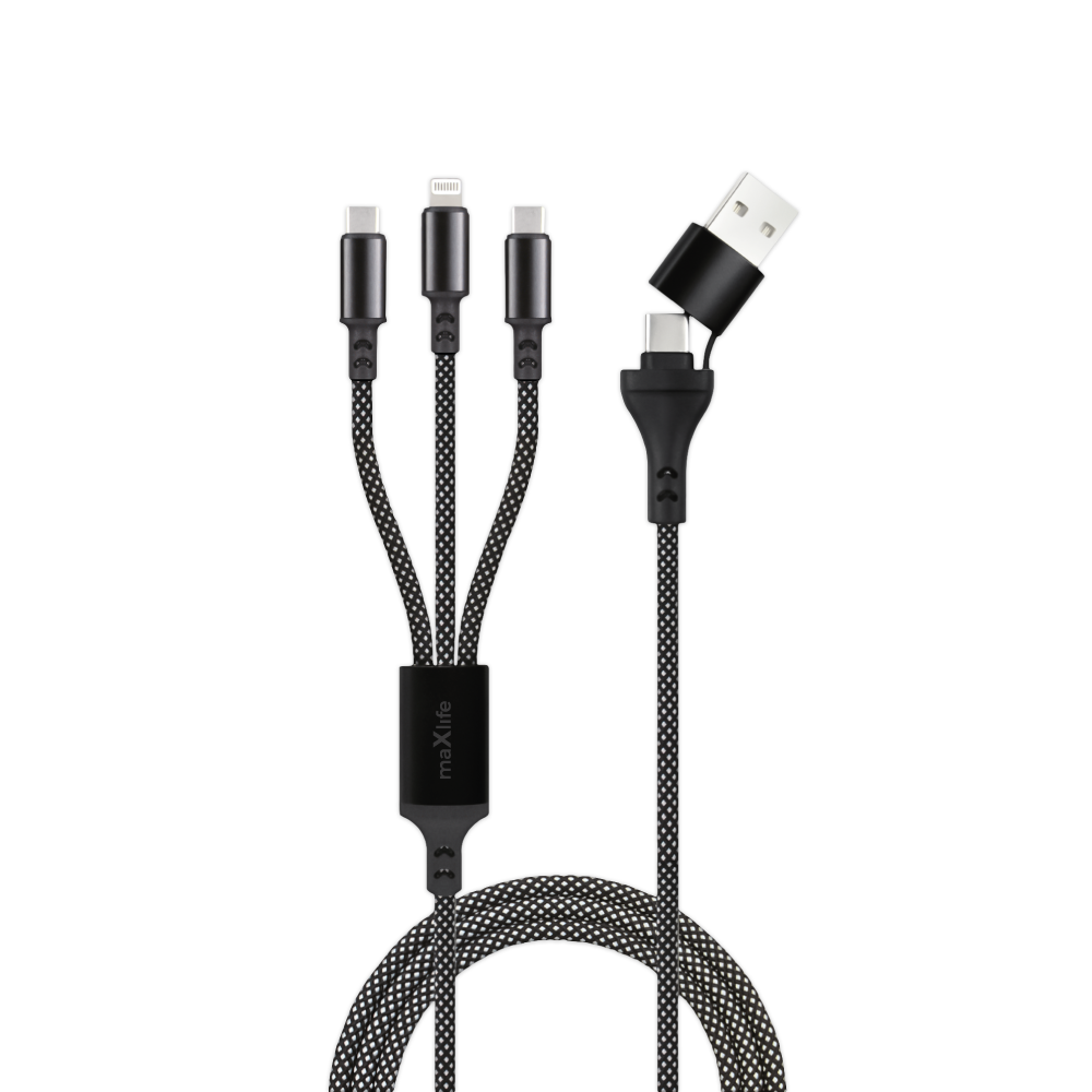 Maxlife kabel ALLin1 USB + USB-C - Lightning + 2x USB-C 1,0 m 66W czarny