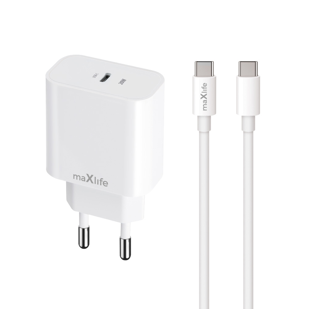 Maxlife adowarka sieciowa PD QC MXTC-06 1x USB-C 20W biaa + kabel USB-C - USB-C 20W