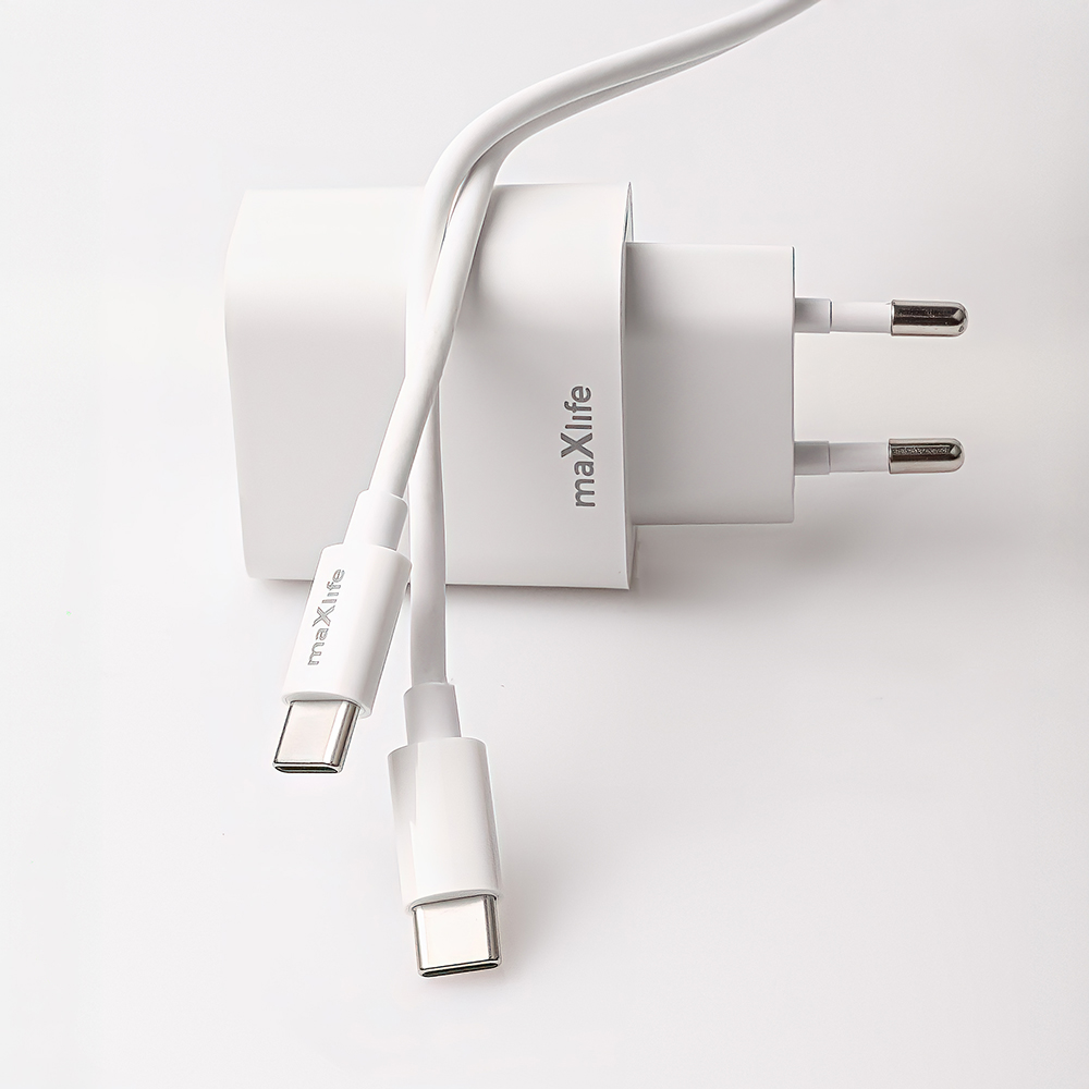 Maxlife adowarka sieciowa PD QC MXTC-06 1x USB-C 20W biaa + kabel USB-C - USB-C 20W / 8