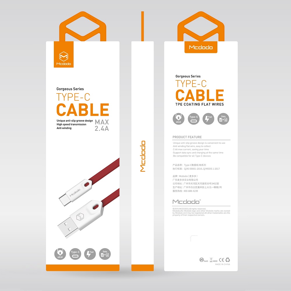 Mcdodo kabel USB Gorgeous typ-C czerwony 1m 2,4A CA-4883 / 7
