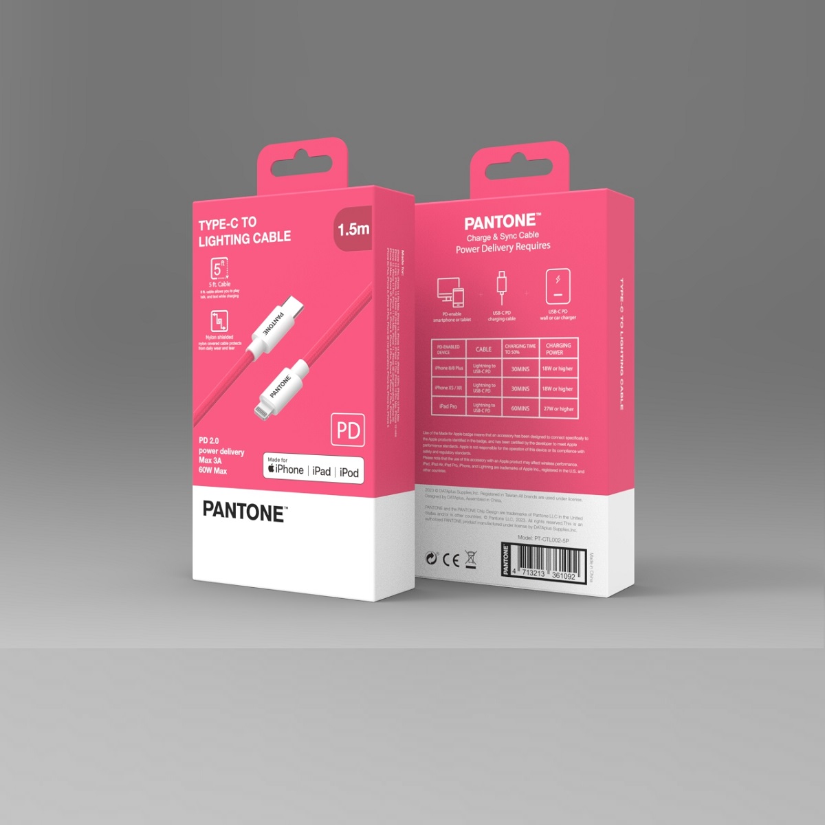 PANTONE MFi kabel Lightning - USB-C 1,5m PT-CTL002-5 Pink 184C / 3