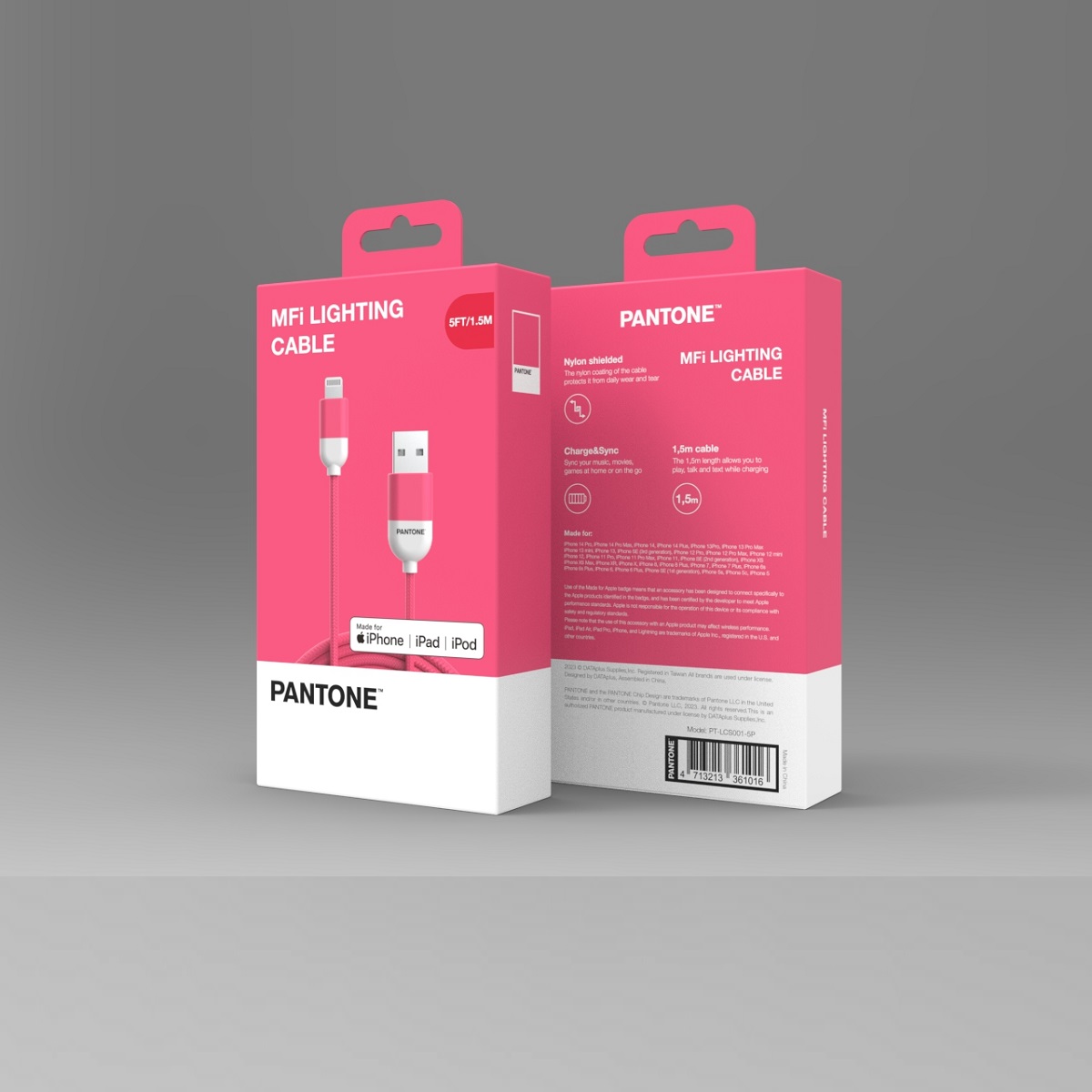 PANTONE MFi kabel USB - Lightning 1,5m 2,4A PT-LCS001-5 Pink 184C / 3