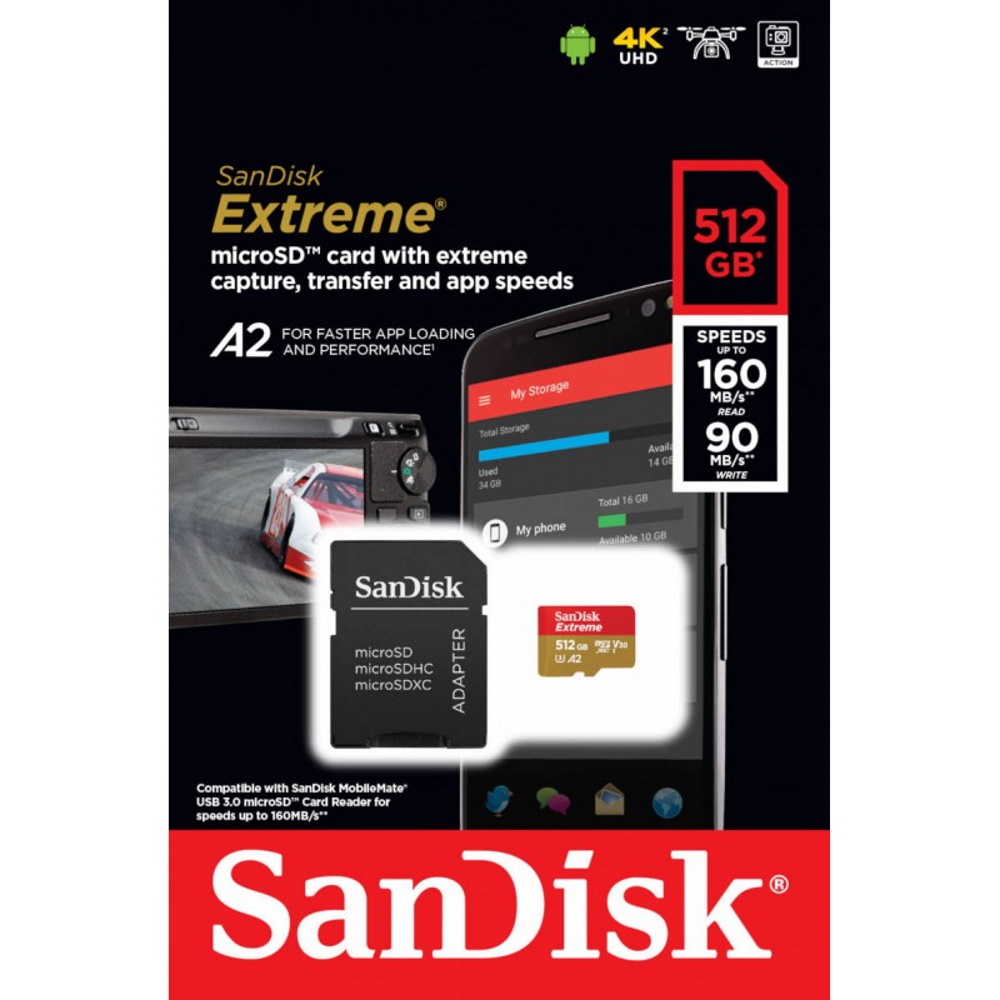 SanDisk karta pamici Extreme microSDXC 512 GB 160/90 MB/s A2 C10 V30 UHS-I U3 Mobile / 3