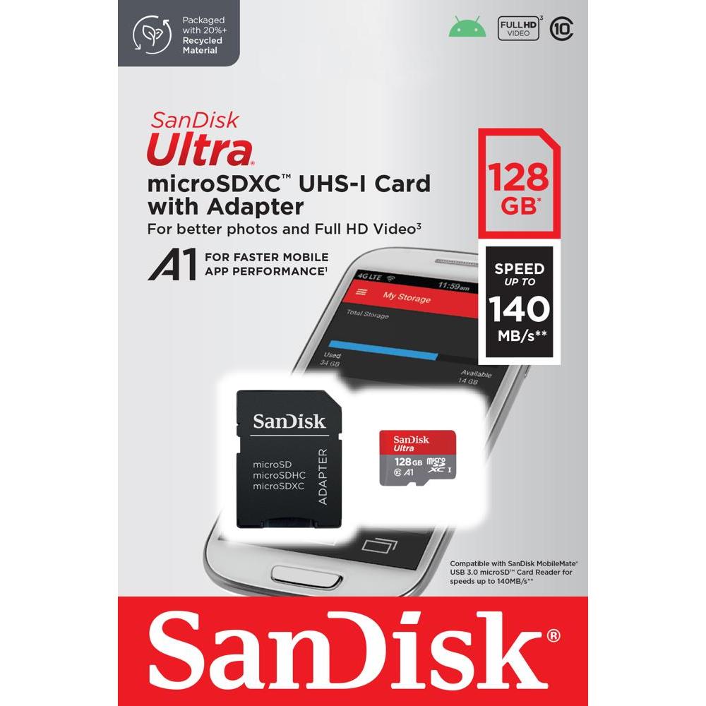 Sandisk karta pamici Ultra Android microSDXC 128GB 140MB/s A1 Cl.10 UHS-I + adapter