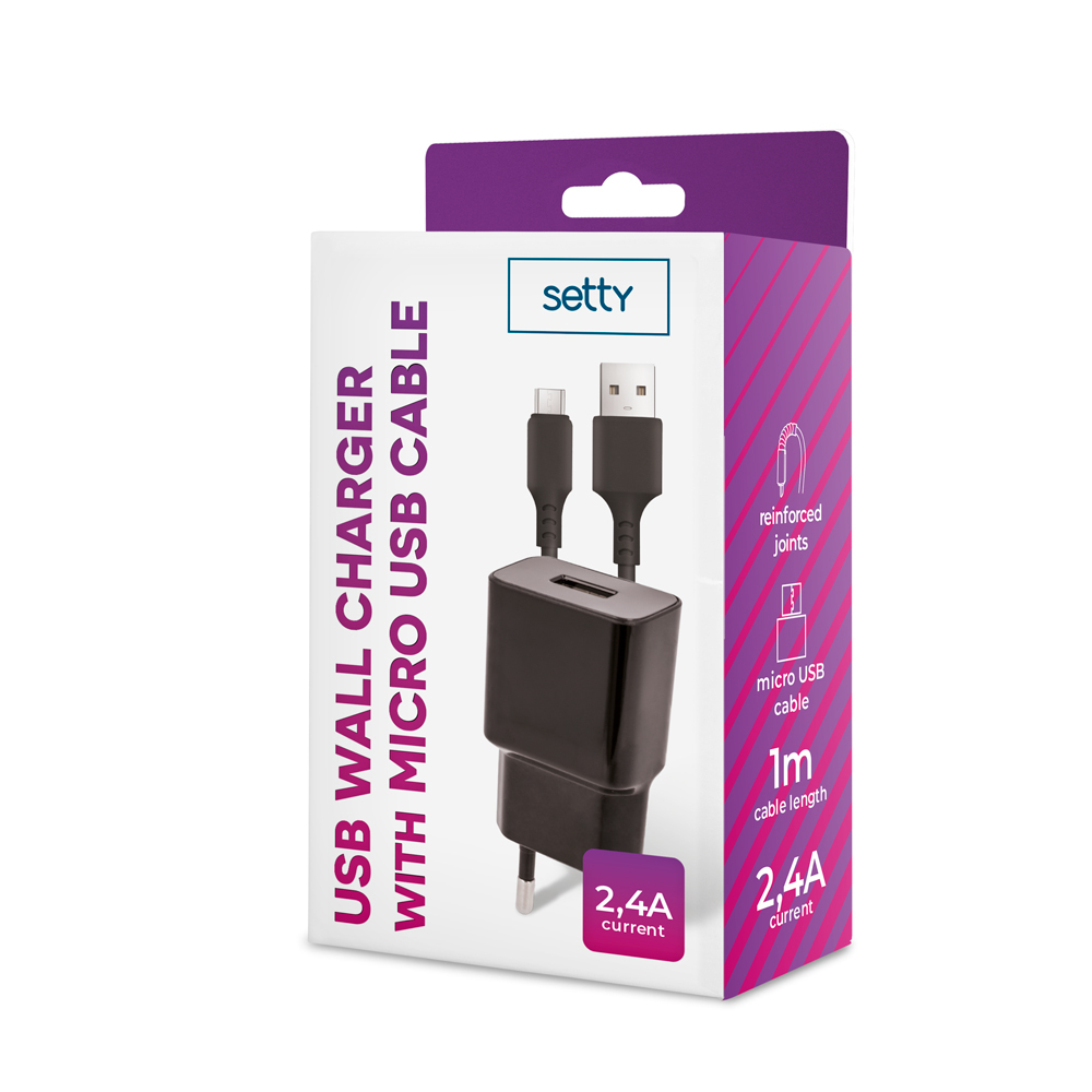 Setty adowarka sieciowa 1x USB 2,4A czarna + kabel microUSB 1,0 m NEW / 3