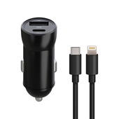 Maxlife adowarka samochodowa PD QC MXCC-04 1x USB-C 1x USB 20W czarna + kabel USB-C - Lightning 27W