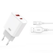 XO adowarka sieciowa CE12 PD QC 3.0 20W 1x USB 1x USB-C biaa + kabel USB - microUSB