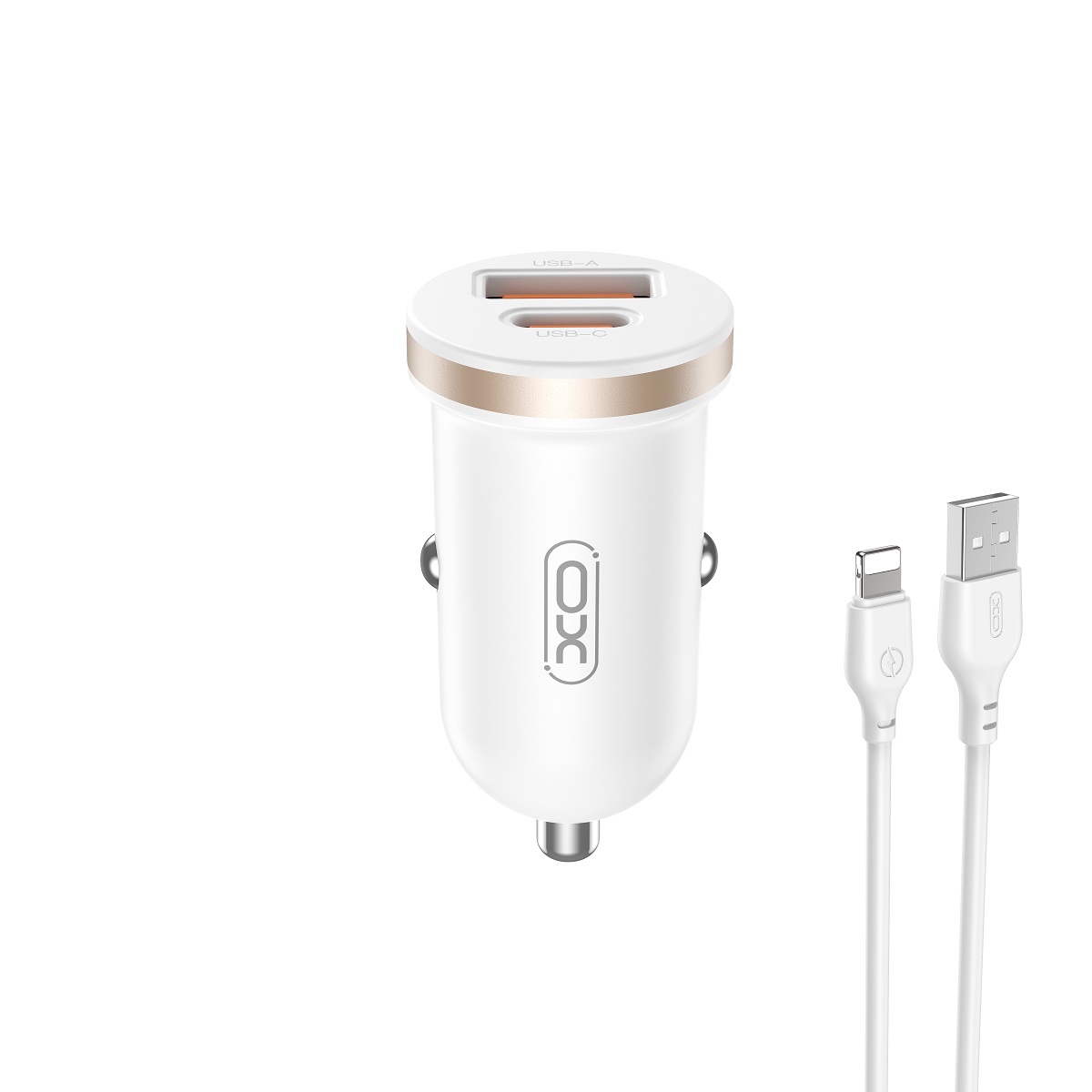 XO adowarka samochodowa CC56 PD 30W QC 1x USB 1x USB-C biaa + kabel USB - Lightning