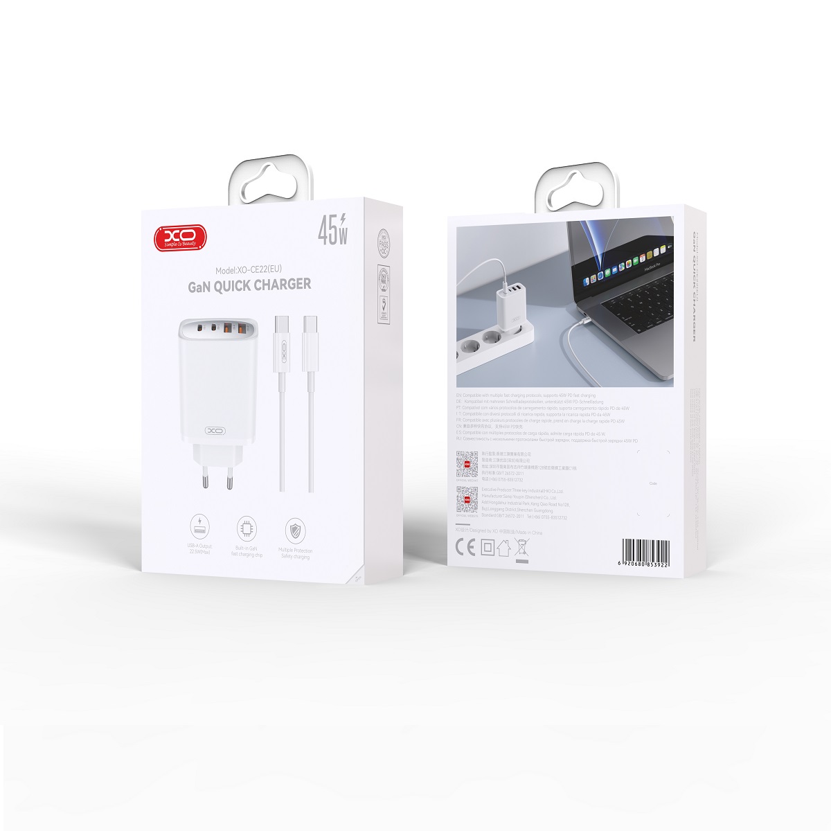 Szybka adowarka XO 45W z kablem USB-C do telefonu 4 wejcia biaa Oppo Reno 7Z (Global) / 3