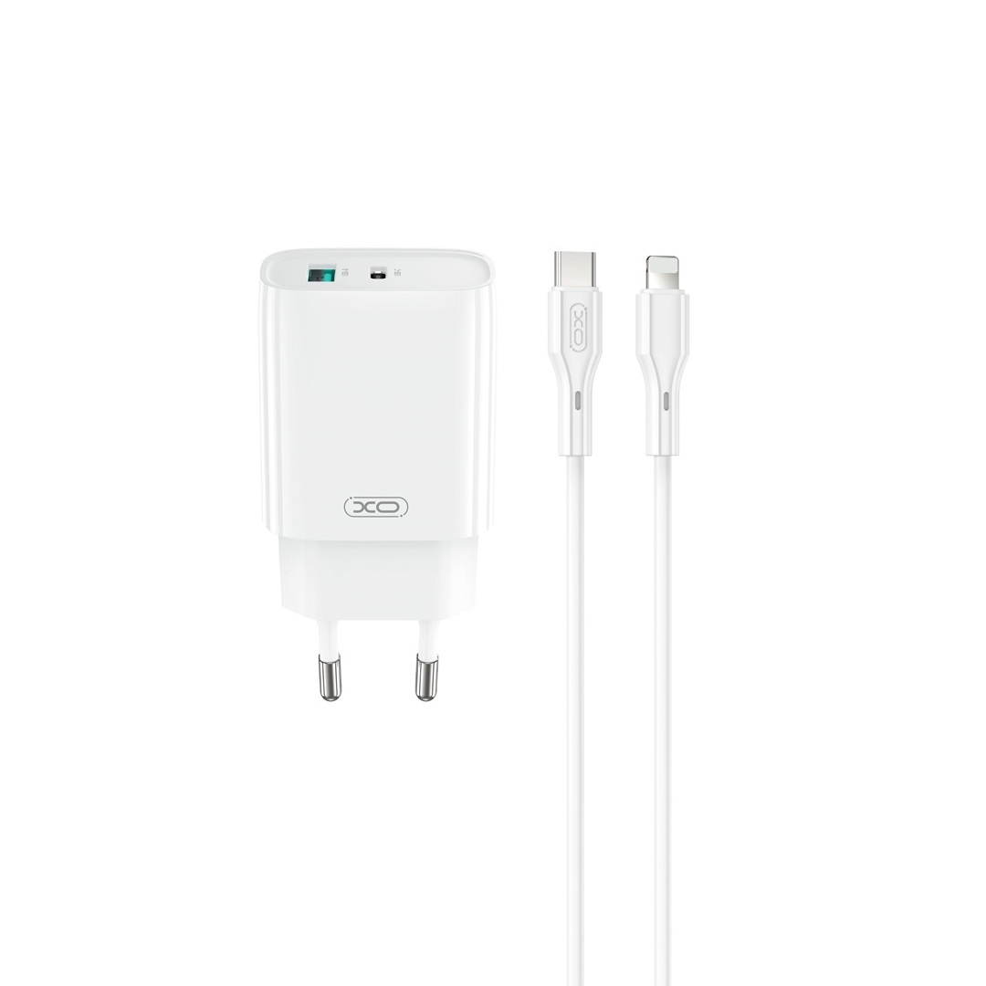 XO adowarka sieciowa CE29 PD 20W 1x USB-C 1x USB biaa + kabel USB-C - Lightning