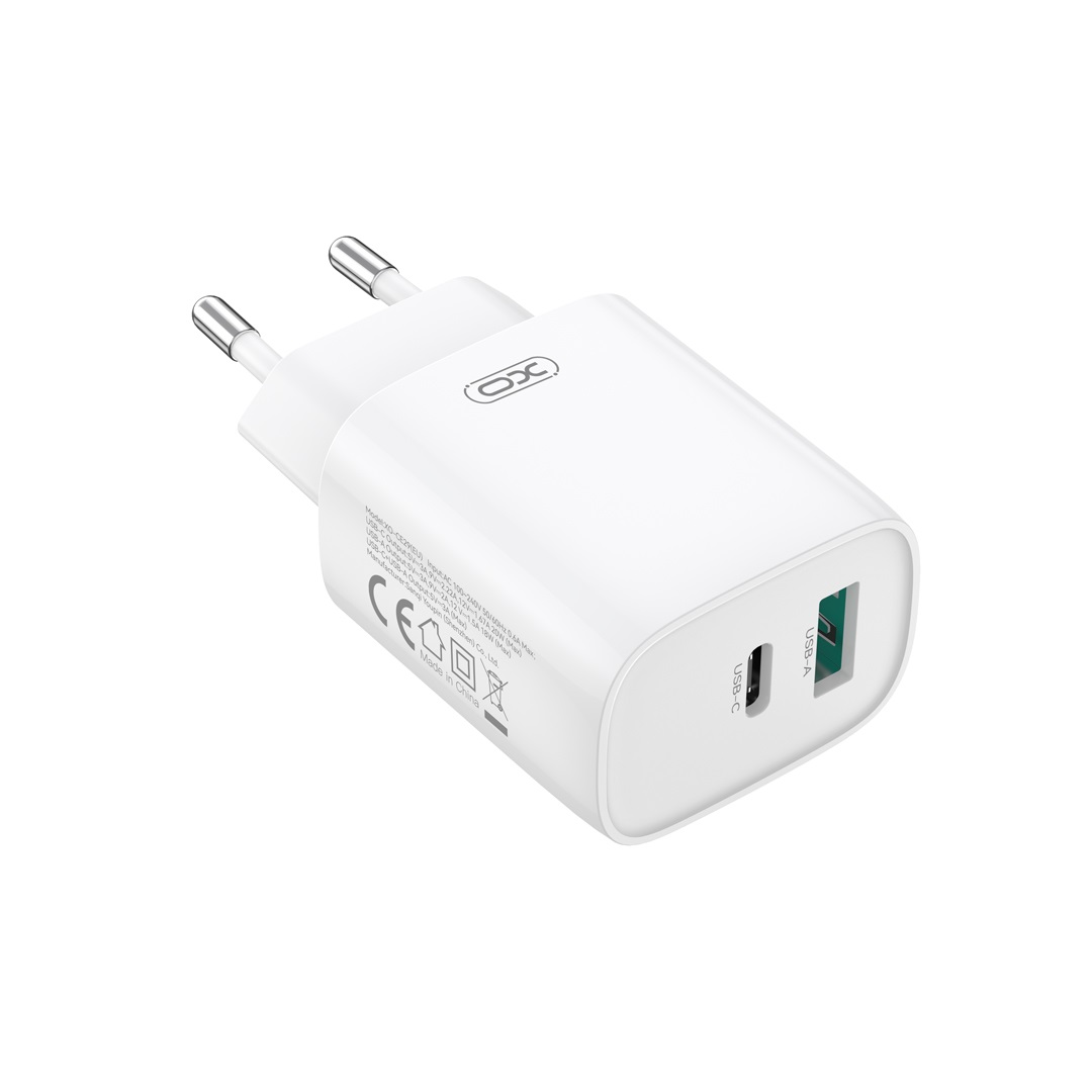 XO adowarka sieciowa CE29 PD 20W 1x USB-C 1x USB biaa + kabel USB-C - Lightning / 6