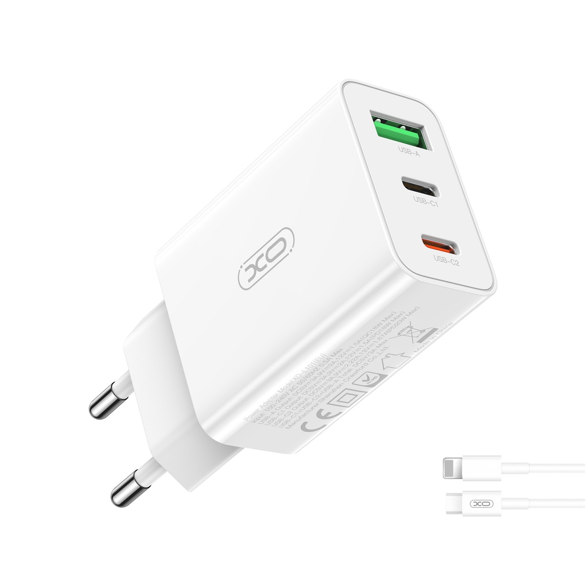 XO adowarka sieciowa L101 PD QC 2x USB-C 1x USB biaa + kabel USB-C - Lightning